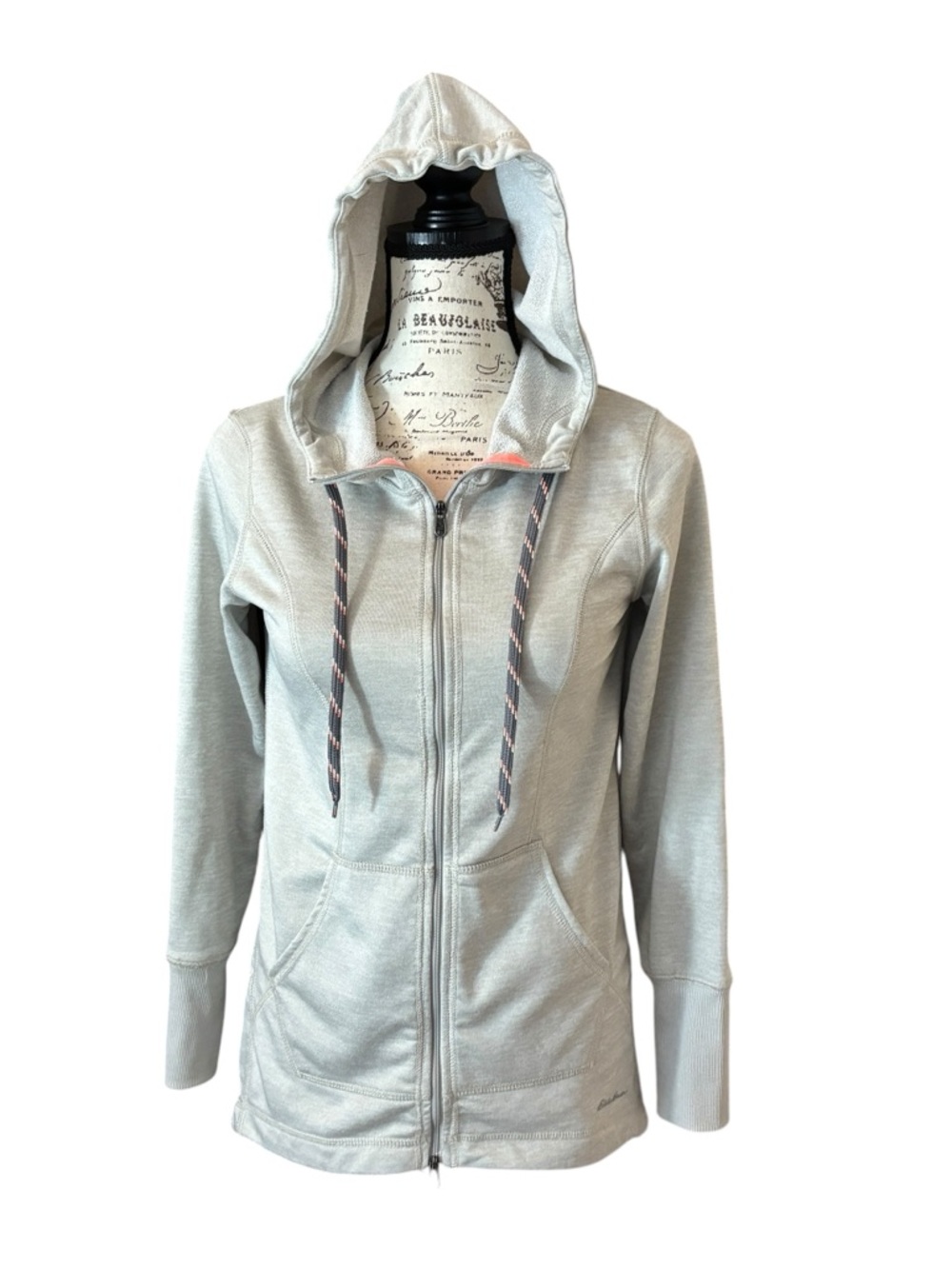 Eddie Bauer Light Gray Full-Zip Hooded Sweatshirt with Striped Drawstrings